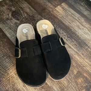 Black Suede Clogs with Buckle